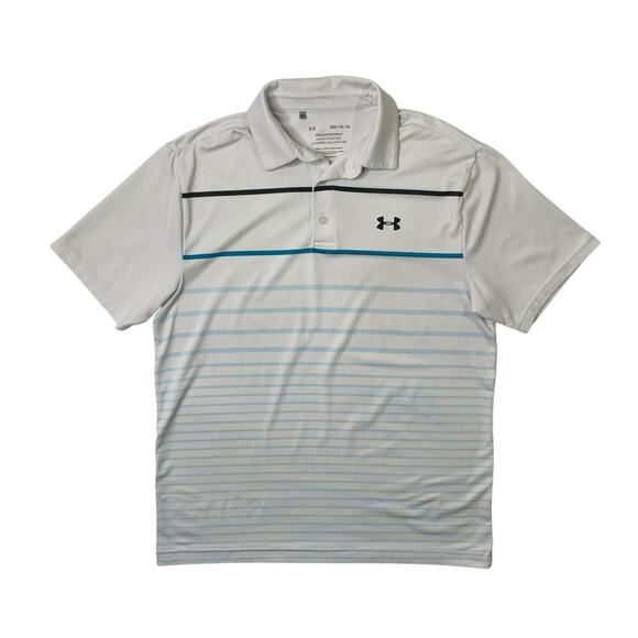 Under Armour Shirt Mens M Medium White Playoff Polo Loose HeatGear Striped Golf - Picture 1 of 11